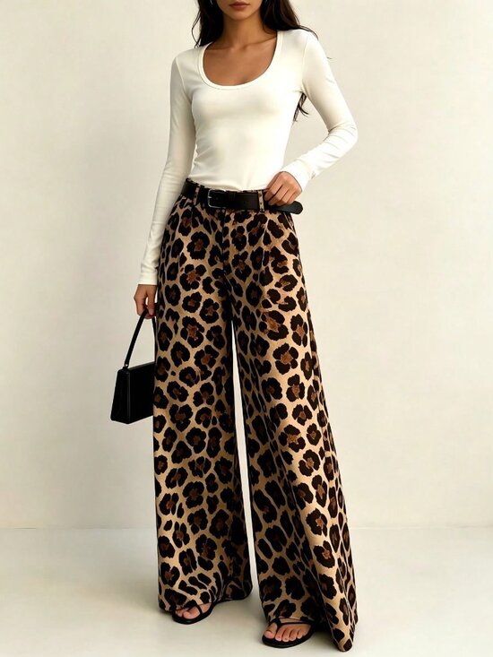 Pants - Multicolor Casual Women's Leopard Print Belted Pleated High Waist Wide Leg Pants